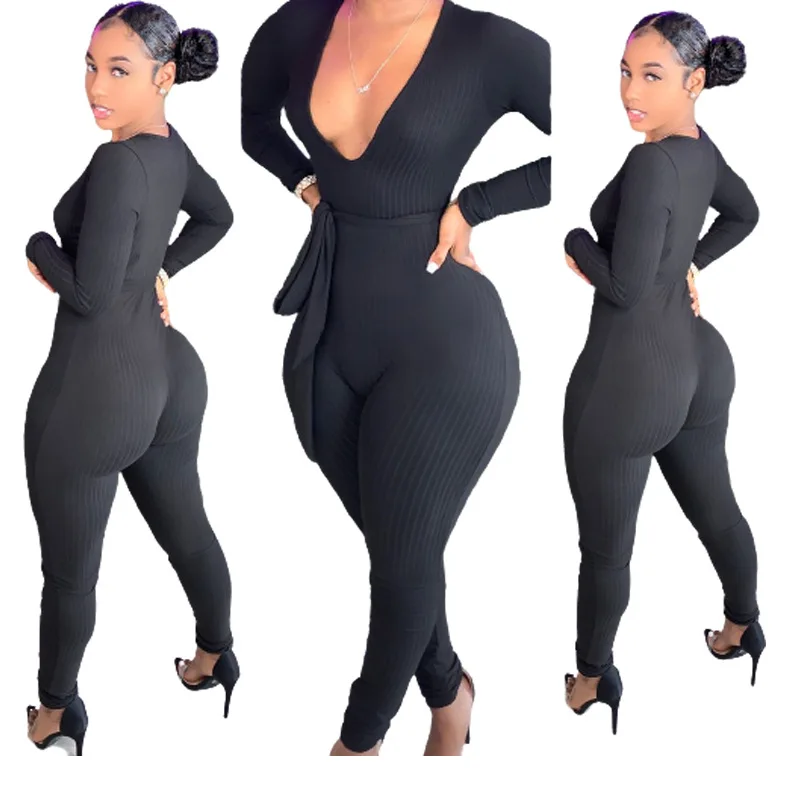 

Sexy Deep V-neck Women Jumpsuits 2021 New Spring Fall Long Sleeve One Piece Romper for Women Fitted Female Bodycon Outfits
