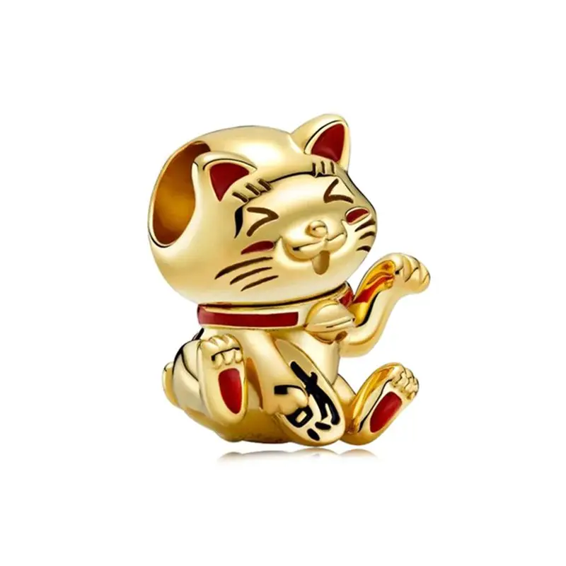 

1Pcs New Cute Gold Lucky Cat Pendant DIY Beads Suitable for Original Pandora Charm Bracelet Ladies Jewelry Making Gifts