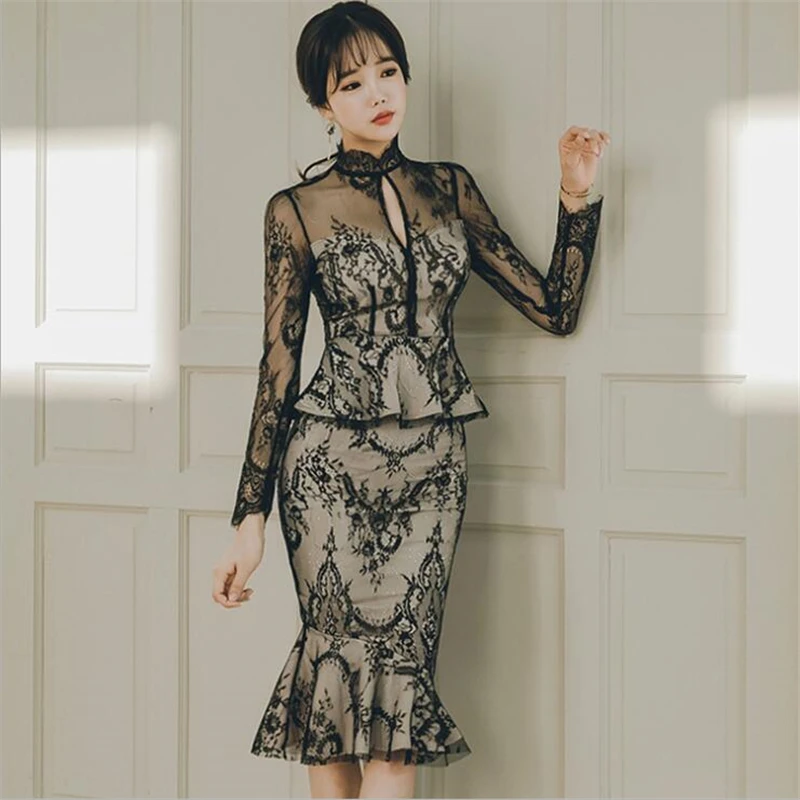 Новый стиль 2020 весеннее корейское дамское темпераментное кружевное платье