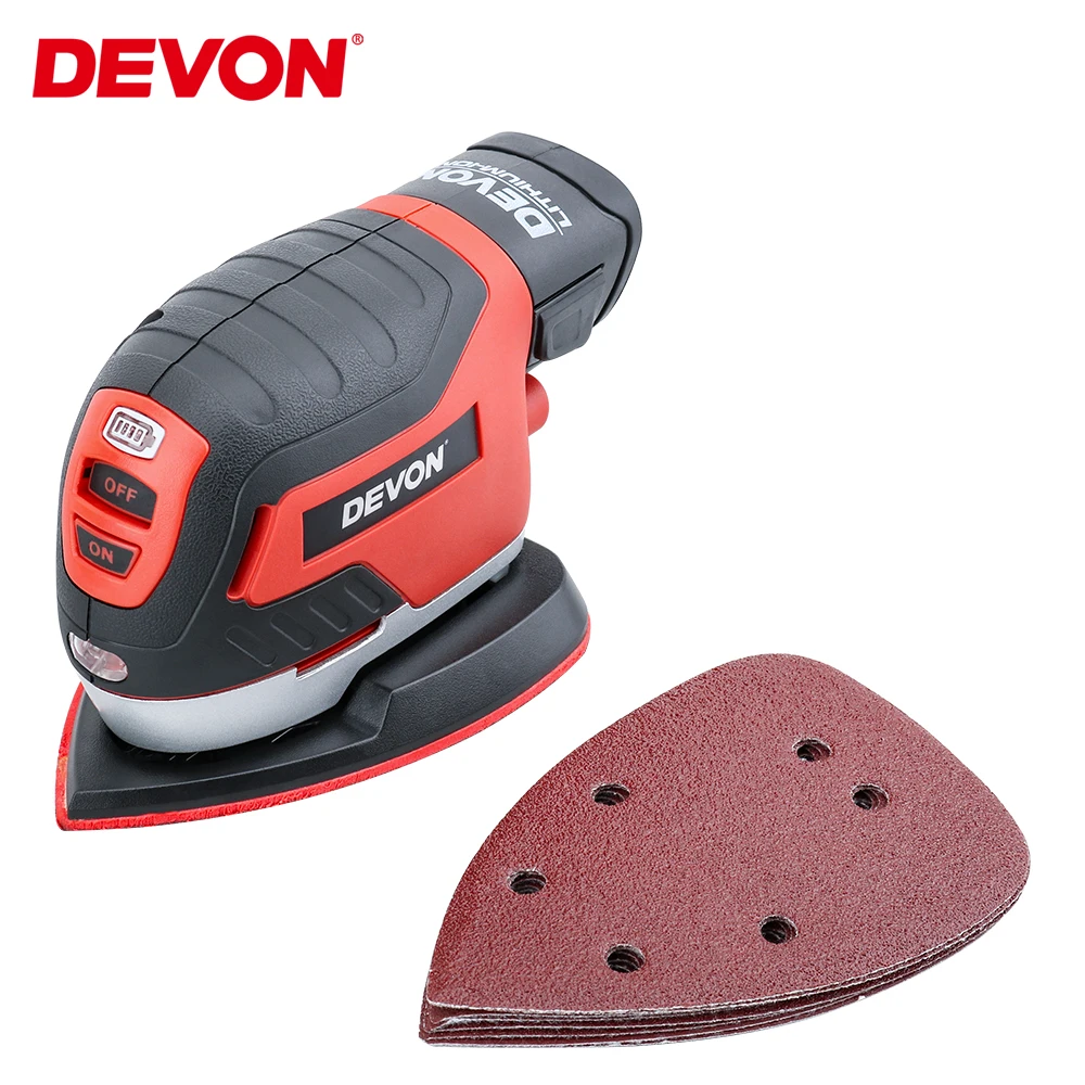 DEVON 12V электрический беспроводной шлифовальный станок для ладони плоский шлифовальный станок для мебели шлифовальный станок Полировальный Инструмент для дерева литий-ионный аккумулятор с вакуумным адаптером