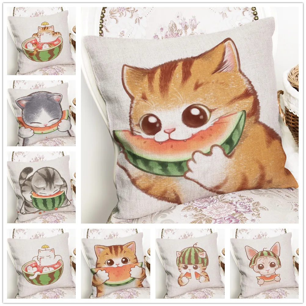 

Льняная наволочка с рисунком кота и арбуза, 45 х45 см