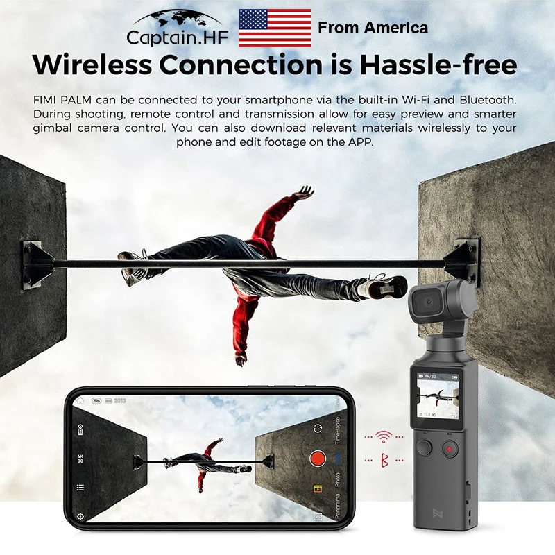 US Captain WIFI Bluetooth PALM3-Axis 4K HD Ручной Стабилизатор камеры 128 ° широкоугольный смарт-трек