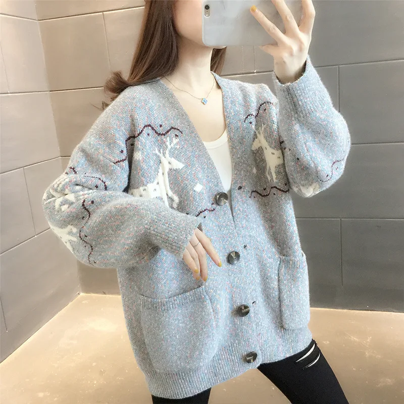 

Women Single Breasted Cardigans Sweater Long Sleeve V-Neck Jacket Female Streetwear Short Sweater Loose Oversize Cardigan