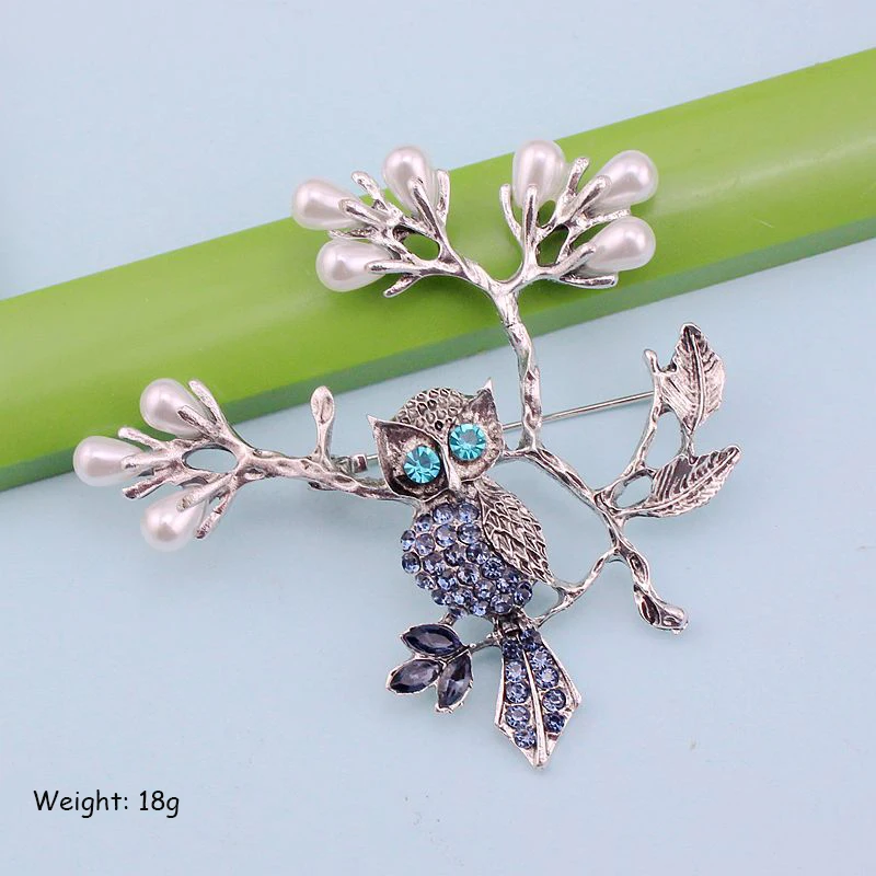 TANGTANG Large Brooch Blue Crystal Eyes Owl On Branch Simulated White Pearl Antique Metal Pin For Women Unique | Украшения и