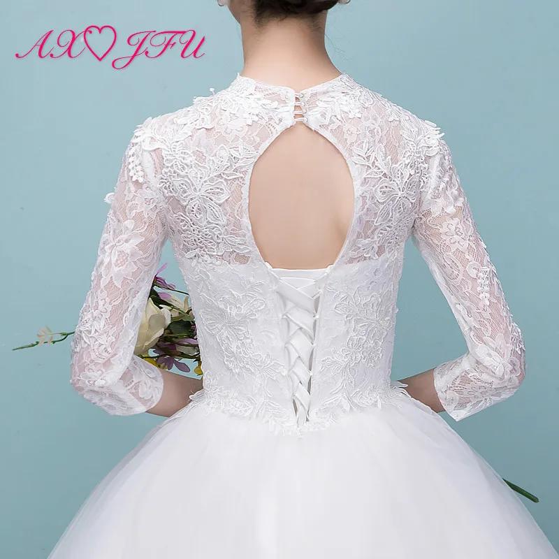 

AXJFU princess flower lace bride wedding dress vintage high neck long sleeve illusion bride ball gown white wedding dress