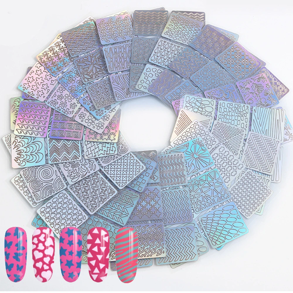 

24 Square Laser Hollow Nail Art Stickers Vinyl 3D Diagram Conductive Plate Template Set Irregular Pattern Mixed Decals