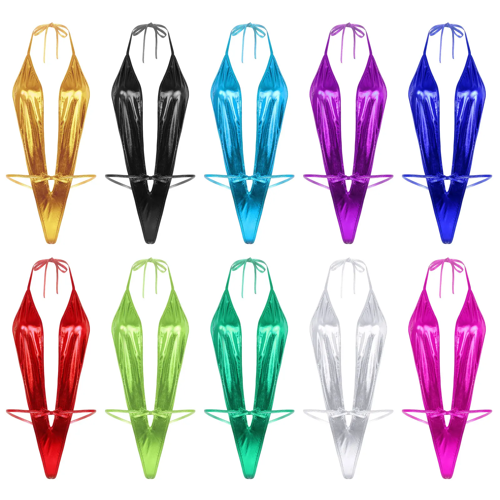 Женское блестящее экзотическое боди костюм-кошка из металлической кожи на