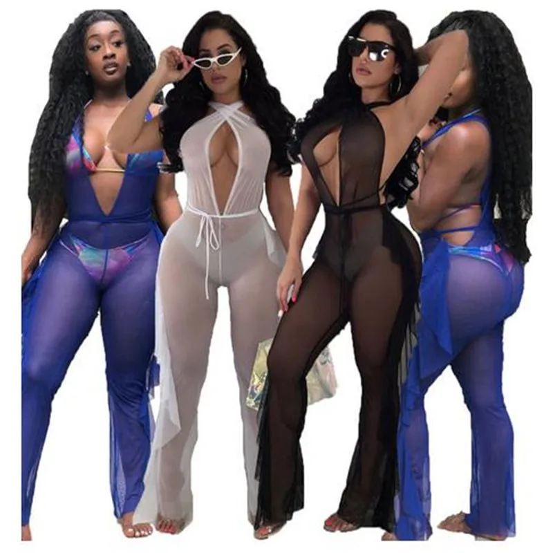 

Sexy Hollow Out Women Jumpsuit New Sheer Mesh Sleeveless See-through Solid Color Ruffle Long Pants Playsuit Female Summer Romper