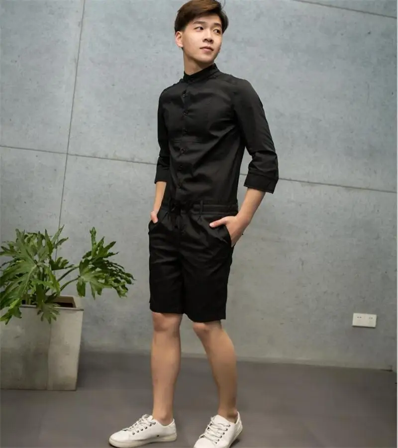 

Spring And Summer New Jumpsuit Tide Men's Seven-point Sleeves Fashion Casual One-piece Overalls Shorts Hair Stylist Slim Suit