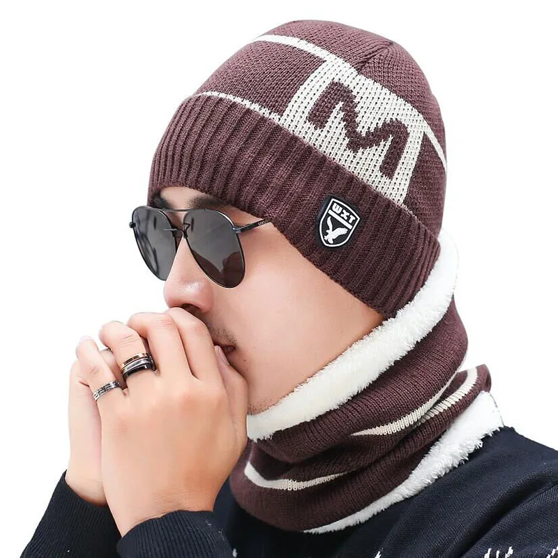Для мужчин зимняя шапка и шарф вязаный комплект с надписями подкладом из шерсти