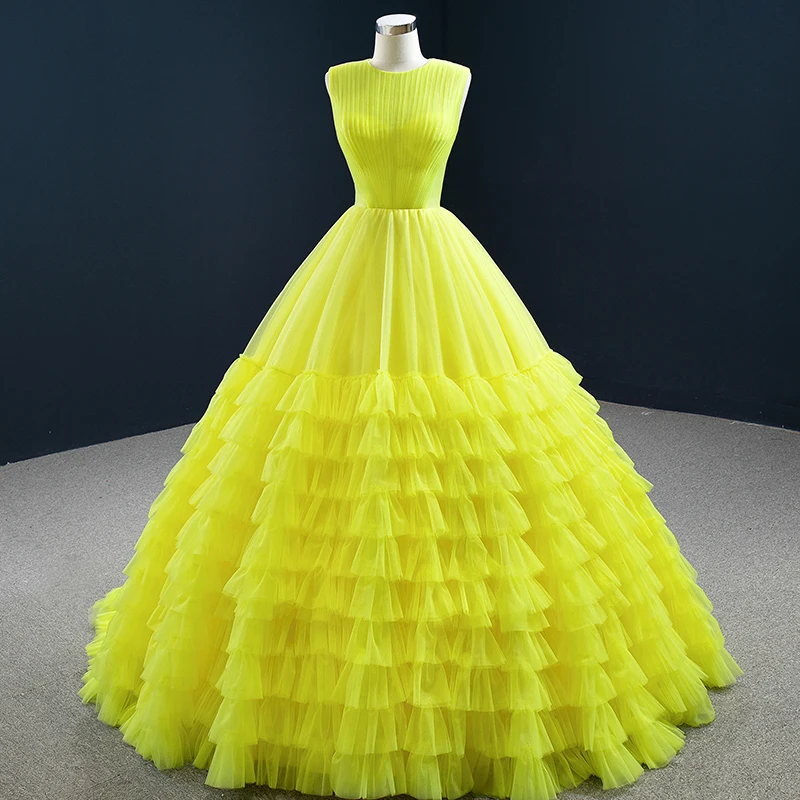 RSM67158 Yellow Sexy Transparent Tulle Frill Layer Column Dinner Party Dress 2021 Back Lace-up Design Evening Gown