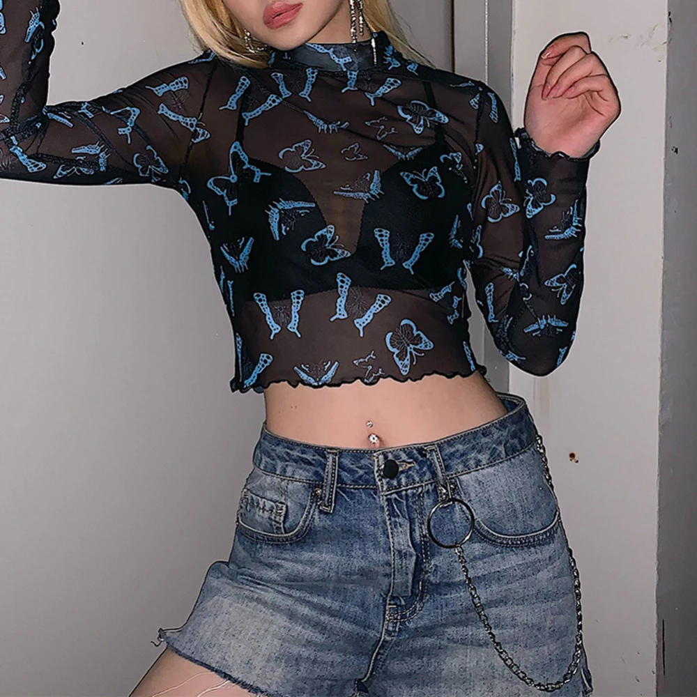 Женские синие футболки с принтом бабочки сетчатые Прозрачные топы длинным