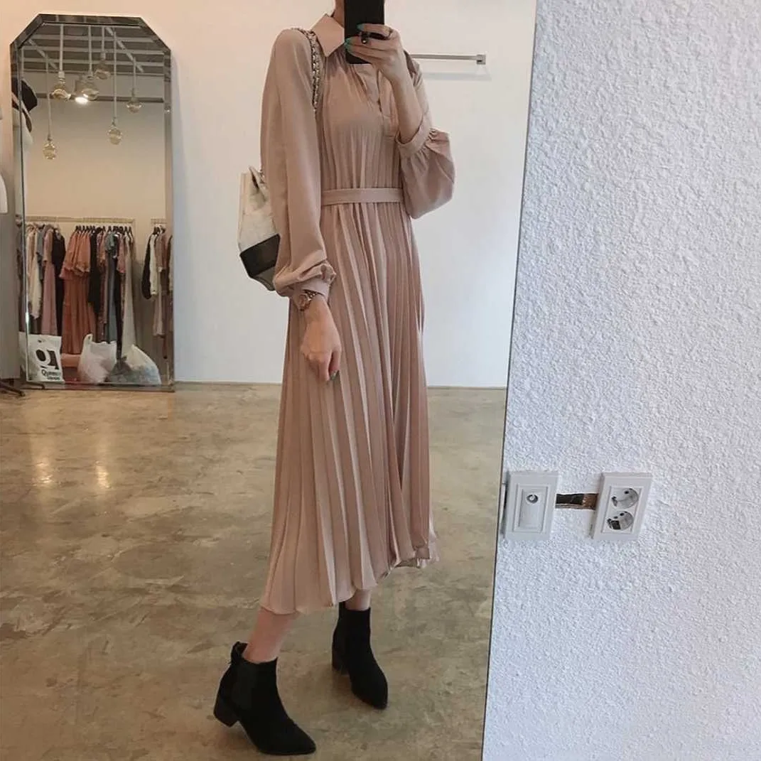 

Spring 2021 Korean Chic Elegant Graceful Sweet Pleated Lace-up Waist-Controlled Slimming Mid-Length Chiffon Dress