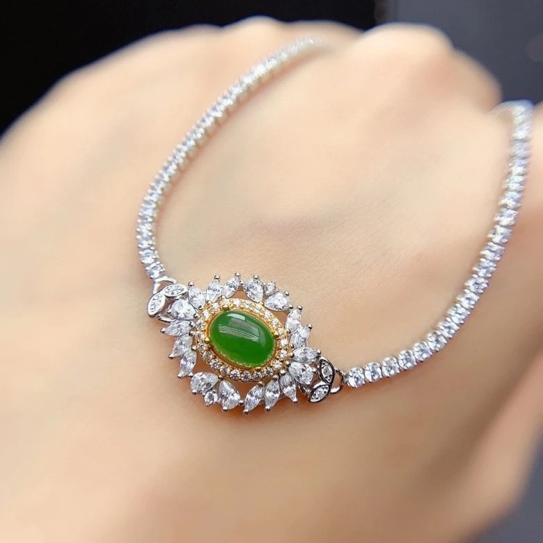

MeiBaPJ настоящий натуральный браслет из яшмы, браслет из серебра 925 пробы с зеленым камнем для женщин, изящные свадебные украшения