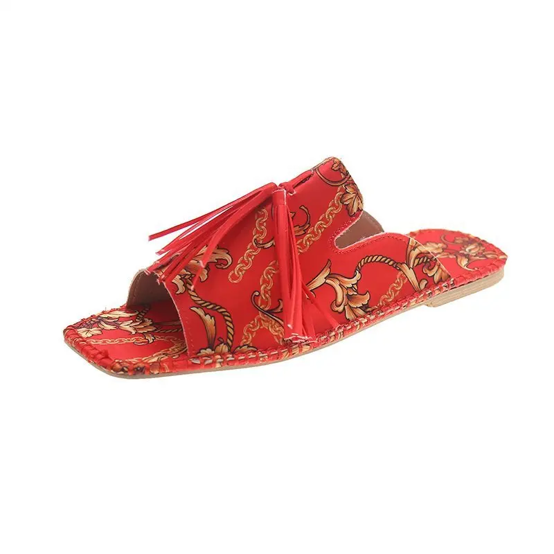 

New Women Slippers Fashion Tassels Summer Shoes Brand Beach Slides Retro Mules Shoes for Women Flat Slipper Outdoor A216 Rubber