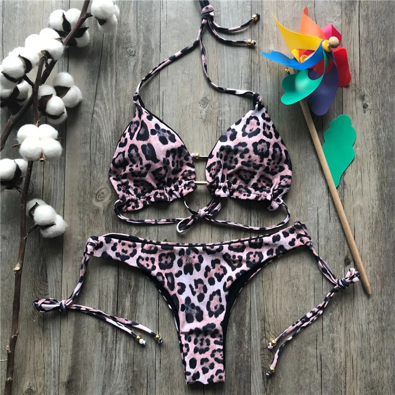 Женский летний комплект бикини сексуальный купальник с леопардовым принтом и