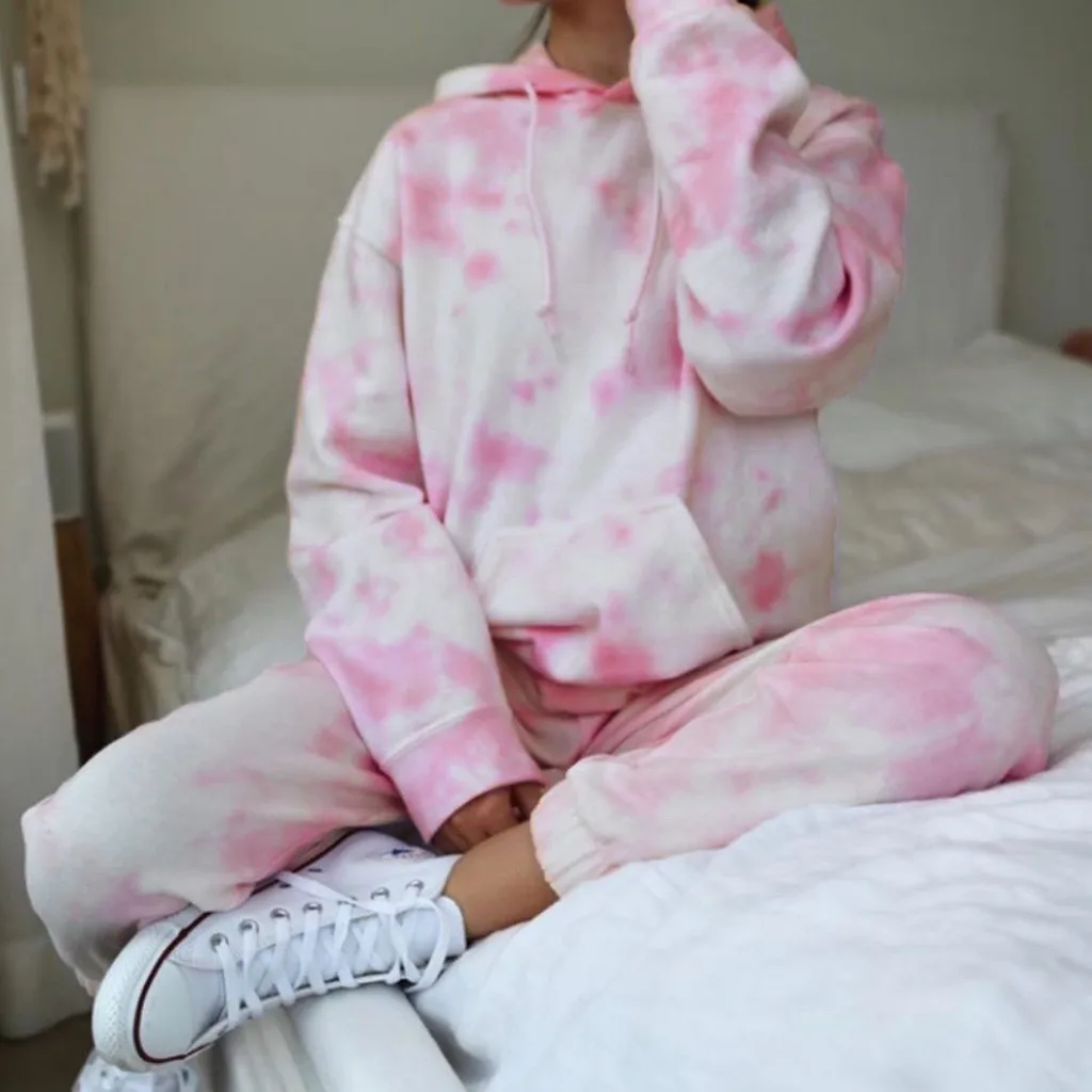 Комплект Спортивный Женский с капюшоном и длинными рукавами принтом тай-дай # g3 |