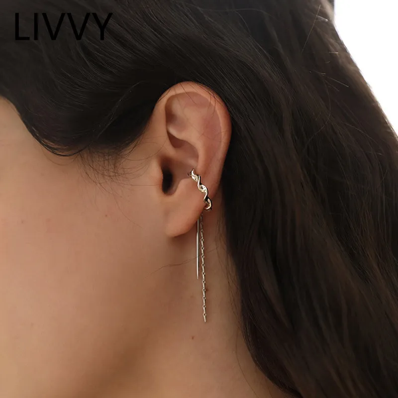 

LIVVY Silver Color Simple Long Chain Tassel Ear Clip Earrings For Women Girls Fake Piercing Party Accessories Jewelry Gifts