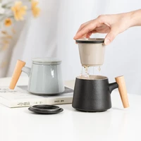 japanese style tea separation cup with lid filter creative wooden handle milk juice mug outdoor travel ceramic tea making set