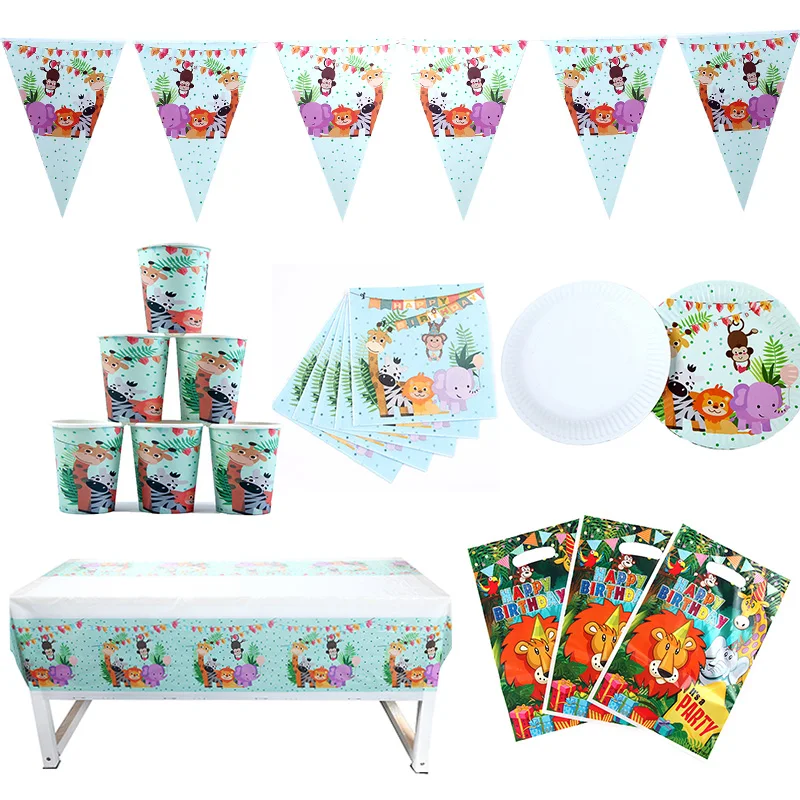 61pcs Package1 Одноразовые столовые салфетки для вечеринки в стиле сафари с изображением животных из мультфильмов, Детские вечерние салфетки на день рождения - Цвет: 61pcs Package1