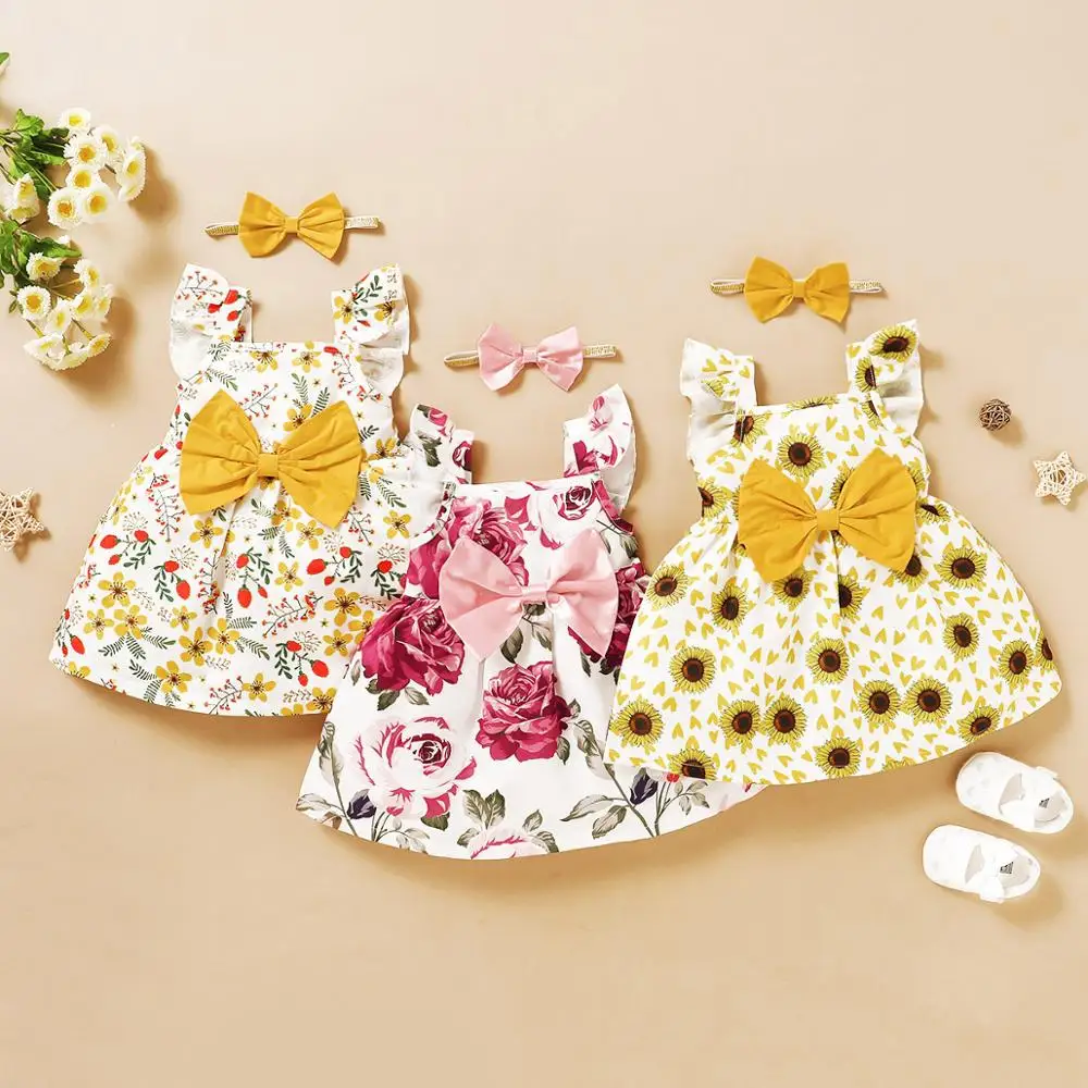 Baby Girl Dress New Baby Flower Print Lemon Birthday Priceness Vestidos with Headbands Female Summer Kids Clothes