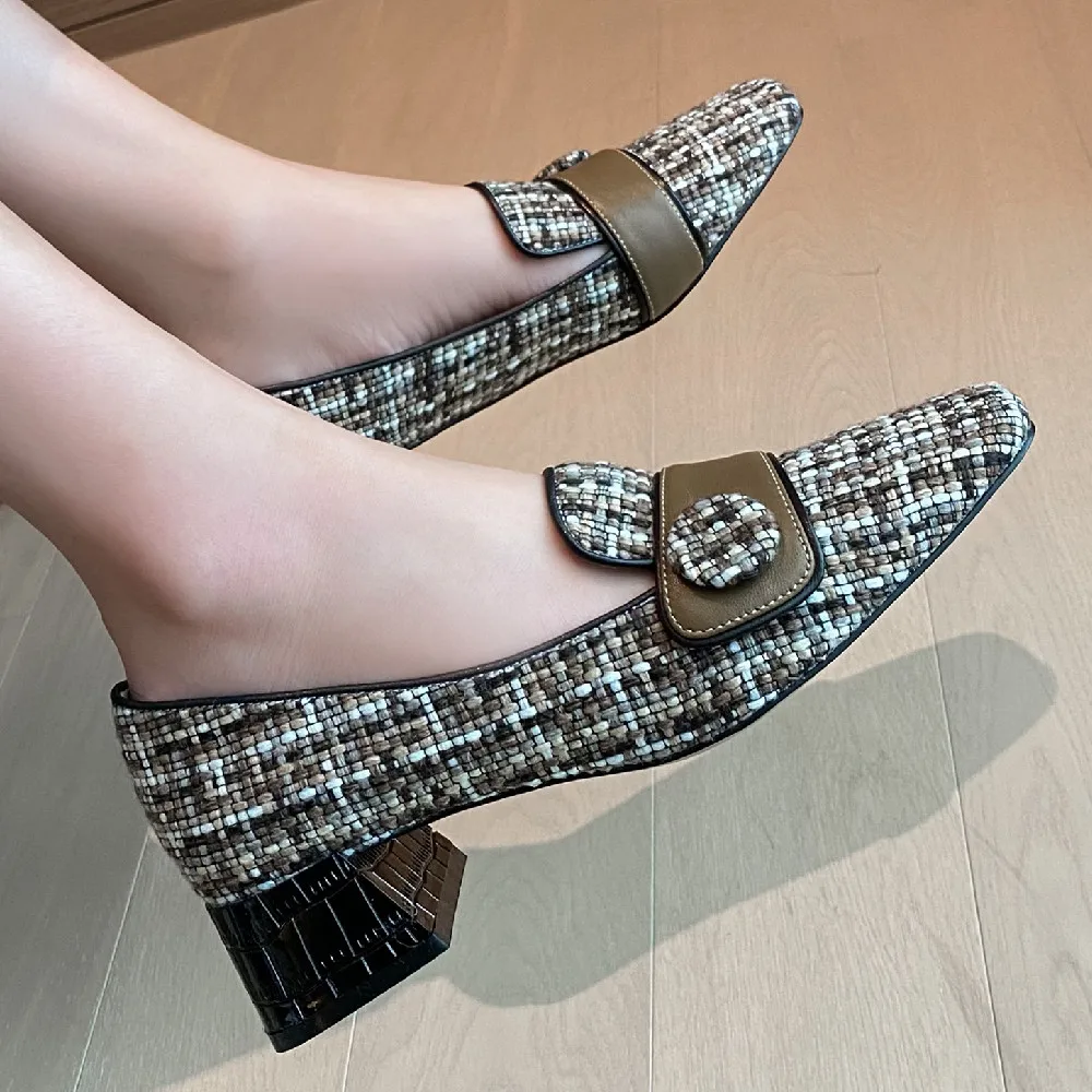 

Women's genuine leather bordered fabric patchwork slip-on low heels loafers leisure soft comfortable square moccasins shoes sale