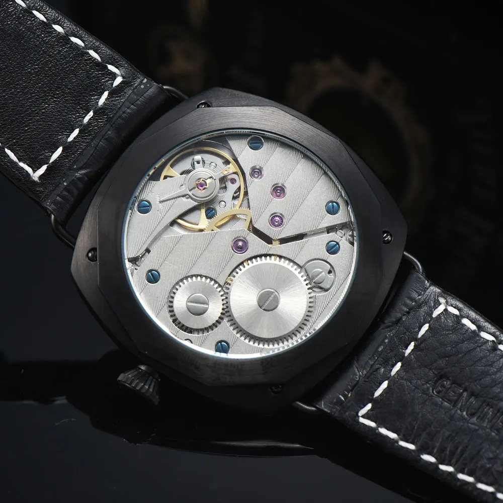 

Manual watch 47mm winding 6497 mechanical luminous hands wound PVD coated stainless steel leather strap mineral glass 58