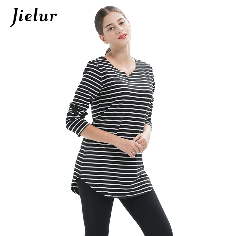 Jielur 2021 Spring Plus Size Black Red Long-sleeved Women's T-shirts Striped V-neck Simple Girl T-shirt Fashion Loose Tops S-4XL | Женская