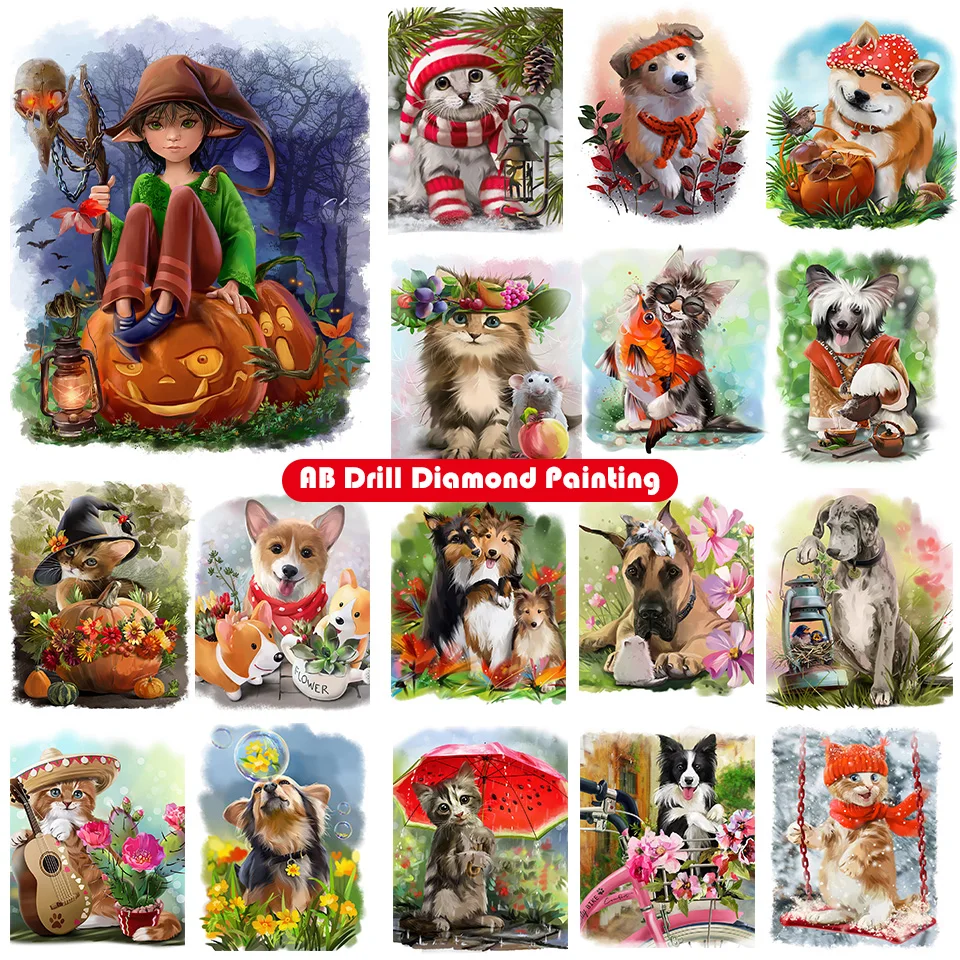

Набор для алмазной живописи, картина 5D «сделай сам» с мультяшными животными на Хэллоуин, кошка, собака, ведьма, тыква, алмазная вышивка, укра...