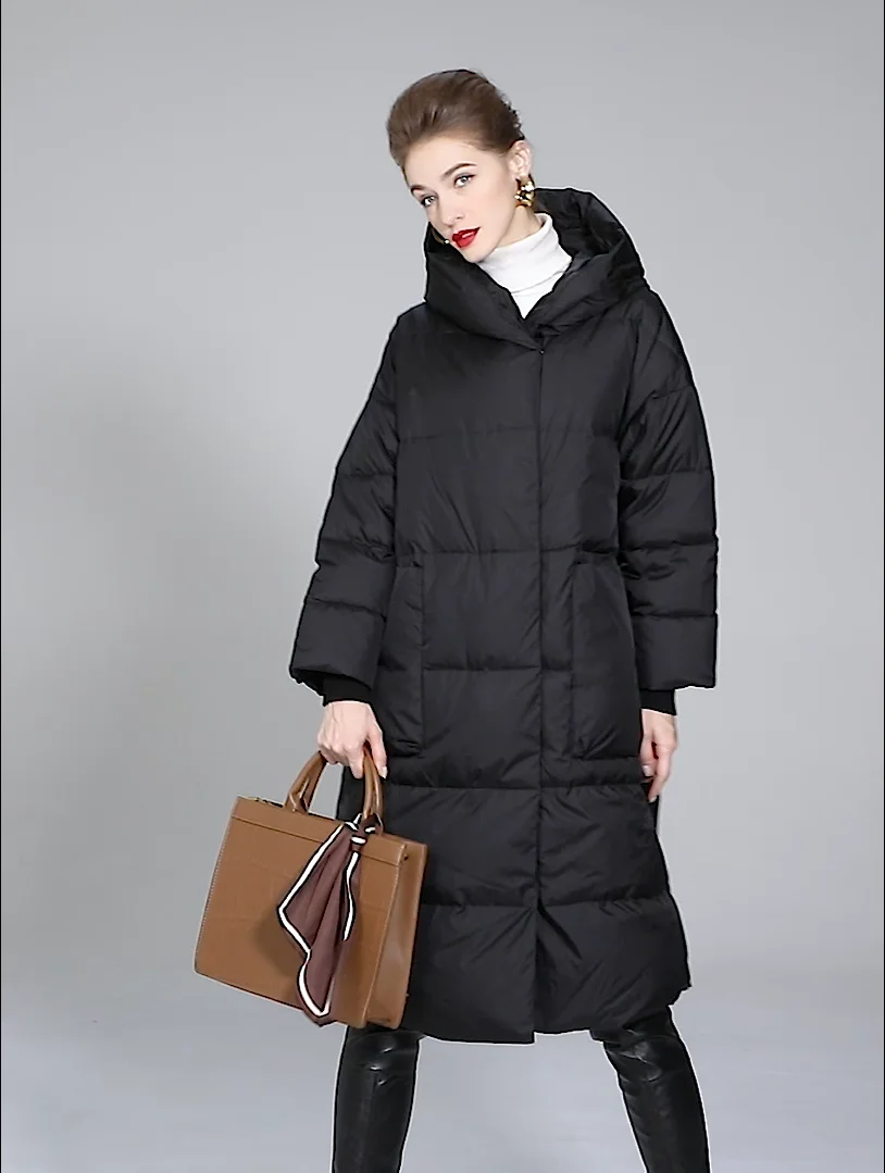 Black Color Hooded Winter Women's Warm Coat Female White Duck Down Clothes Long Ladies Zipper Pocket Outerwear Elegant Overcoat enlarge