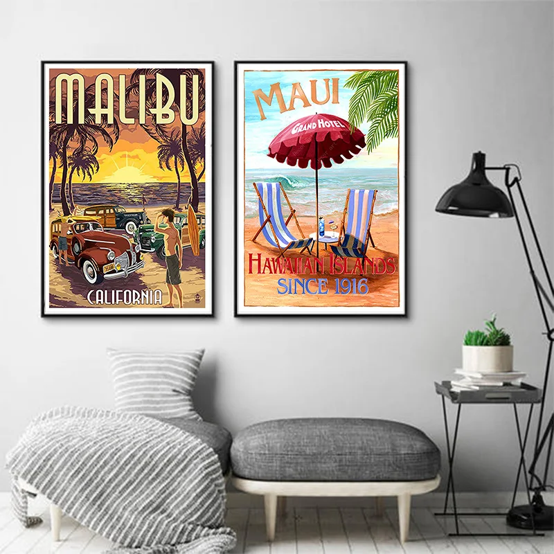 Летняя Праздничная Картина на холсте Los Angeles Malibu America City винтажные крафт постеры с
