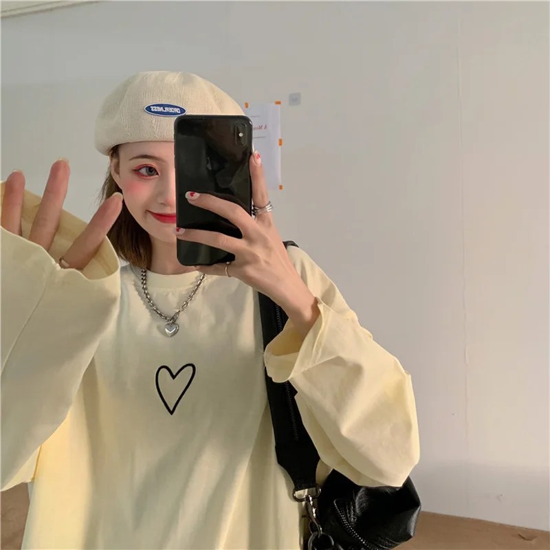 

Korean Clothes Vintage Love Couple Long-Sleeved T-Shirt Harajuku Kawaii Punk Clothing Gothic Women's Autumn Solid Color TShirt