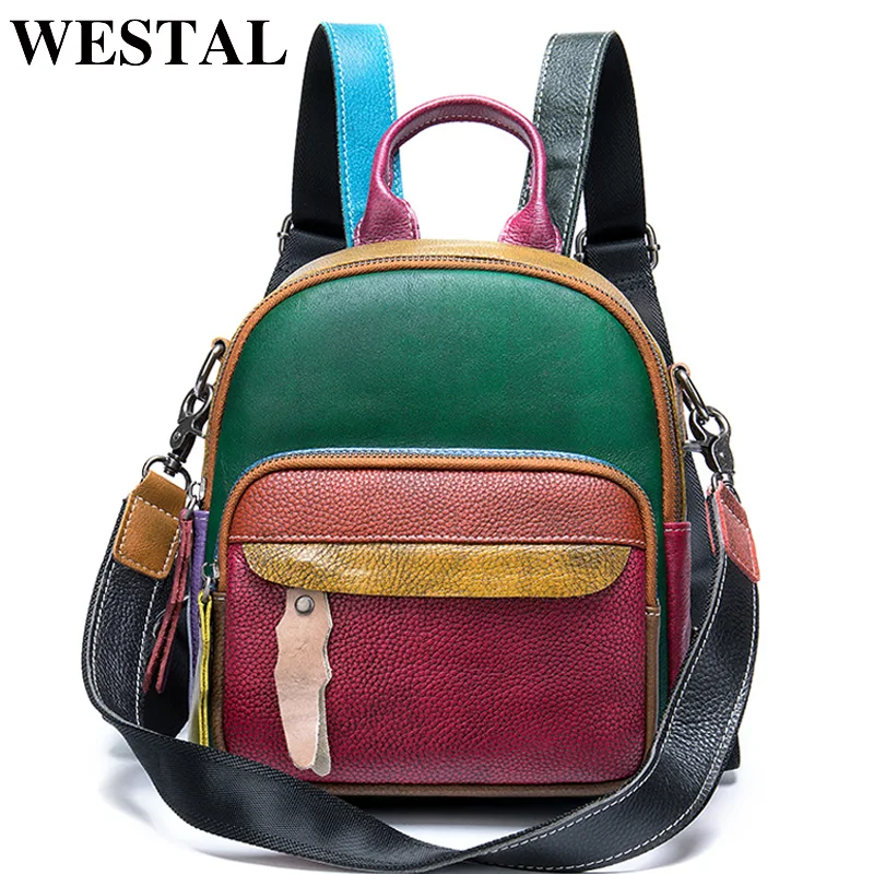 

WESTAL Small Women's Backpack Genuine Leather School Bag for Teenager Girls Patchwork Daypack Mini Backpack Women Back Bag 049