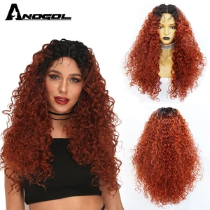 Anogol  Afro Kinky Curly Heat Resistant Synthetic Brown Mixed Black Hair Long Wine Red Lace Frontal  Wig for Black Women