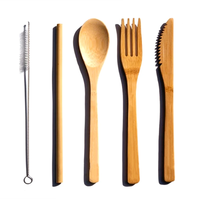 Набор столовых приборов из бамбука комплект деревянных без отходов портативные