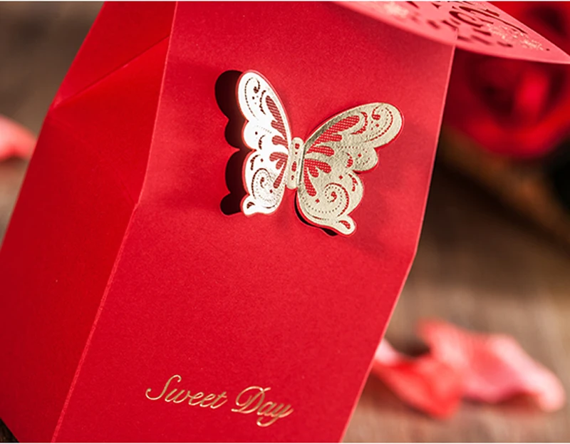 Желанная красная лазерная резка коробка для конфет с бабочкой цветочный 50 шт.