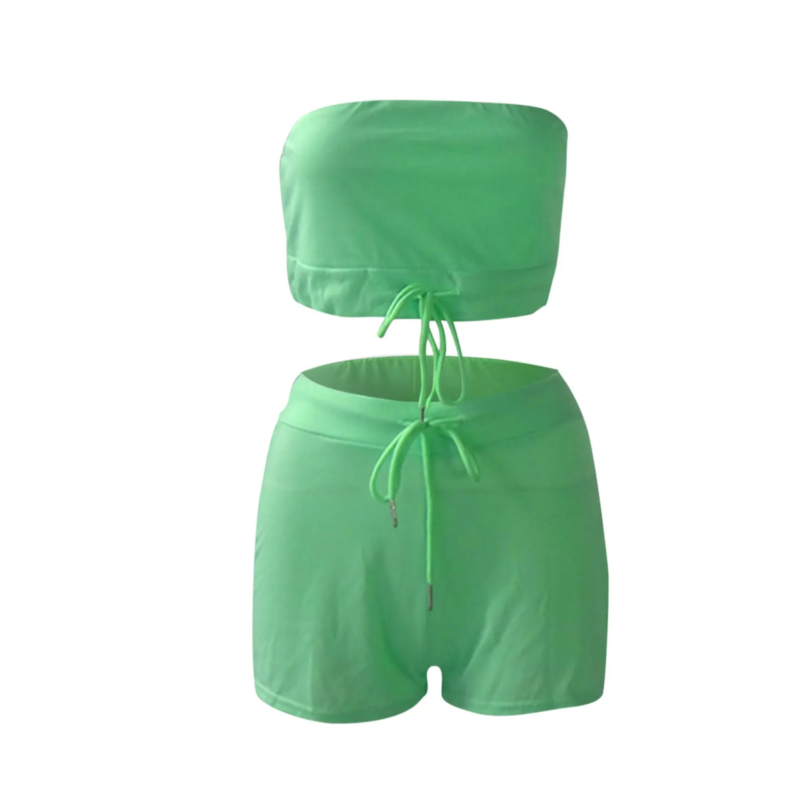 

Women's Clothing Summer Sleeveless Solid Strapless Crop Top Tube Shorts 2PCs Set Feminine Clothing Drawstring Two Piece Suit