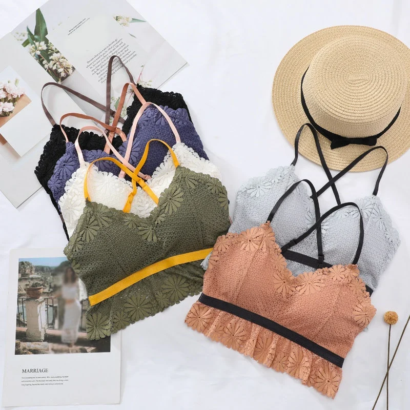 

French Style Bralette Lace Top Camisole Women Lingerie Beauty Back Padded Hollow Out Bottoming Camisole