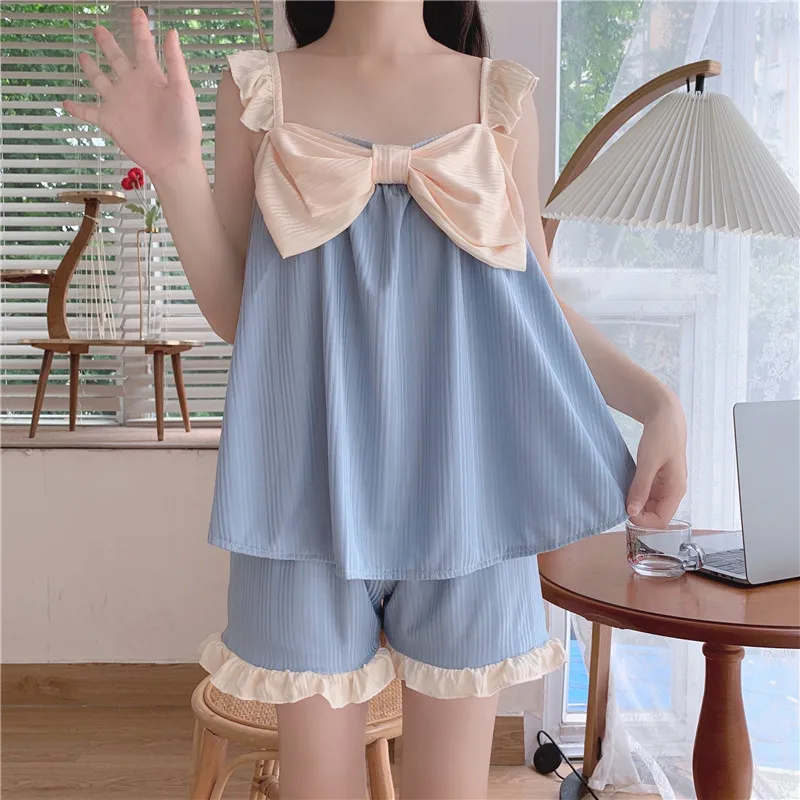 Pajama Set Pullovers Sleeveless Patchwork Bow Ruffles Design Kawaii Shorts Students Summer Sleep Wear Chic Ulzzang Wedding Bride