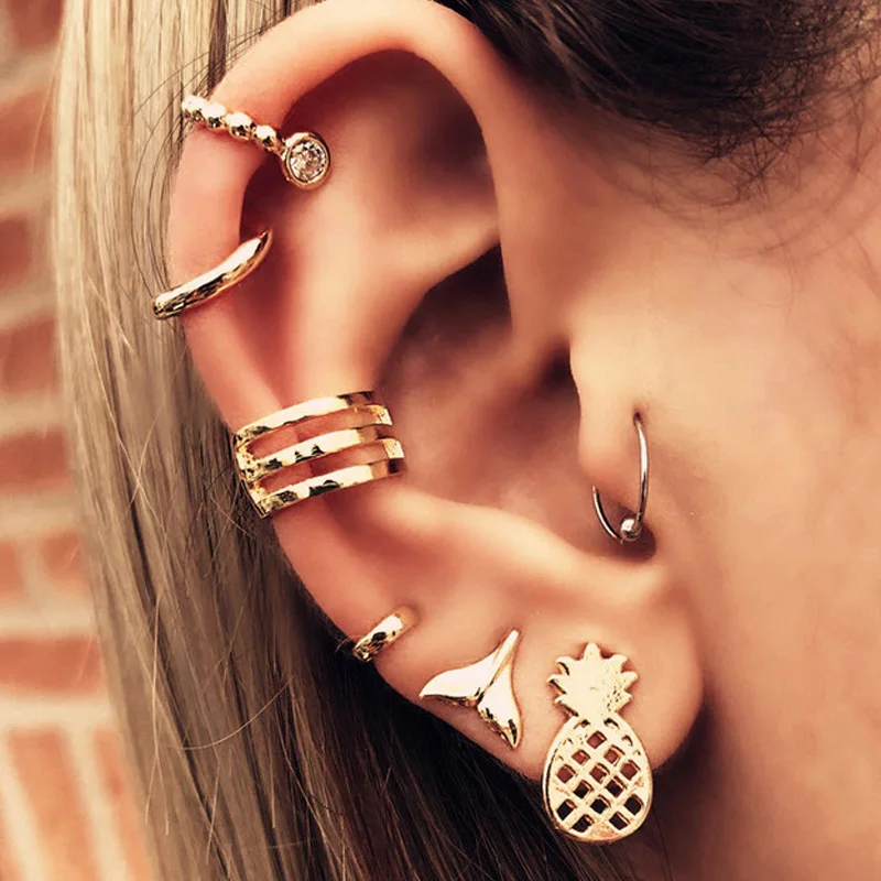 

7 pcs/lot Fish Tail Ear Piercing Gold Pineapple Tragus Earrings Set Helix Piercing Fake Earrings Fake Piercing Ear Jewelry