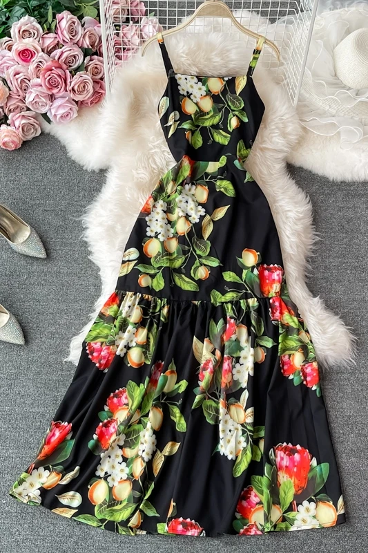 

Fashion Runway Summer Sexy Spaghetti Strap Dress Women Floral Print Sleeveless Elegant Bodycon Holiday Long Maxi Dress 2021
