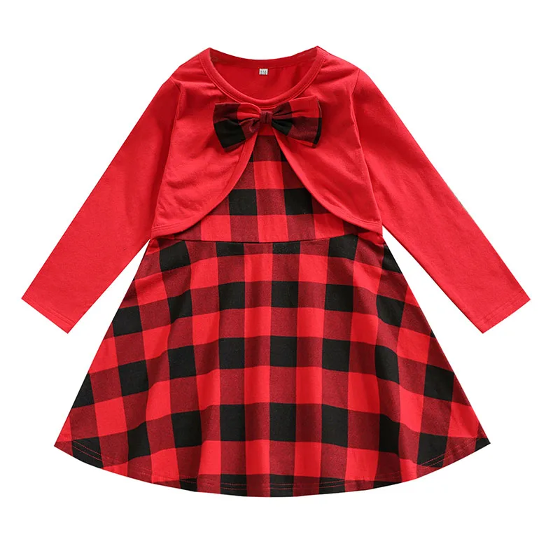 

Infant Baby's Clothes Girl Christmas Dress Long Sleeve Round Neck Plaid Print Bow Front Dress Children's Clothing Xmas Plaid