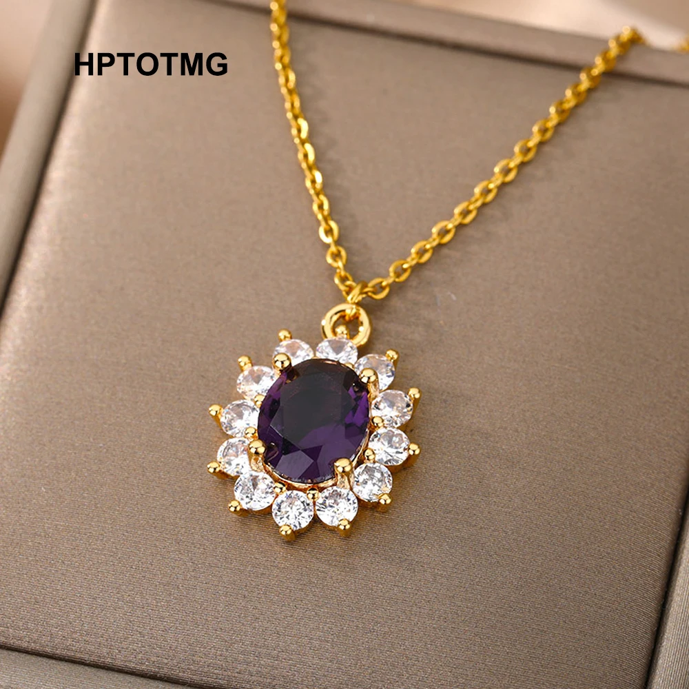 

Aesthetic Purple Crystal Sun Flower Pendant Necklace for Women Stainless Steel Goth Choker Chain Necklace Jewelry Christmas Gift