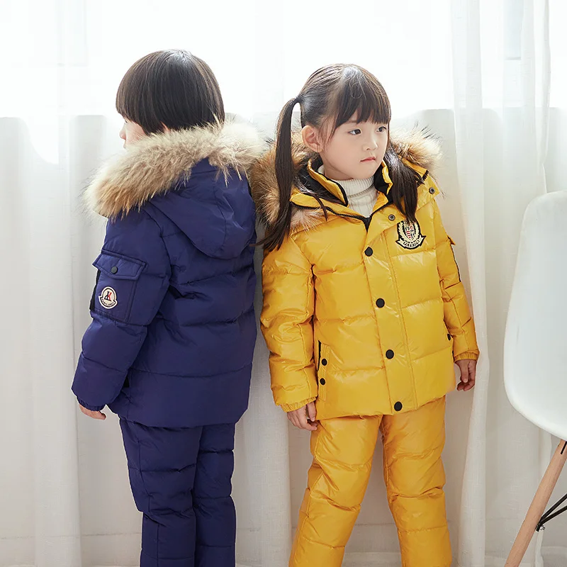 2021 Winter Warm Girls Clothing Sets Hooded Fur Down Jackets Overalls Kids Boys Snow Suits Waterproof Sport Children Outfits | Детская