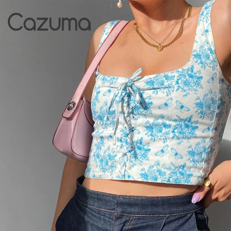 Женский короткий жилет на бретелях Cazuma милые топы с цветочным принтом и синими