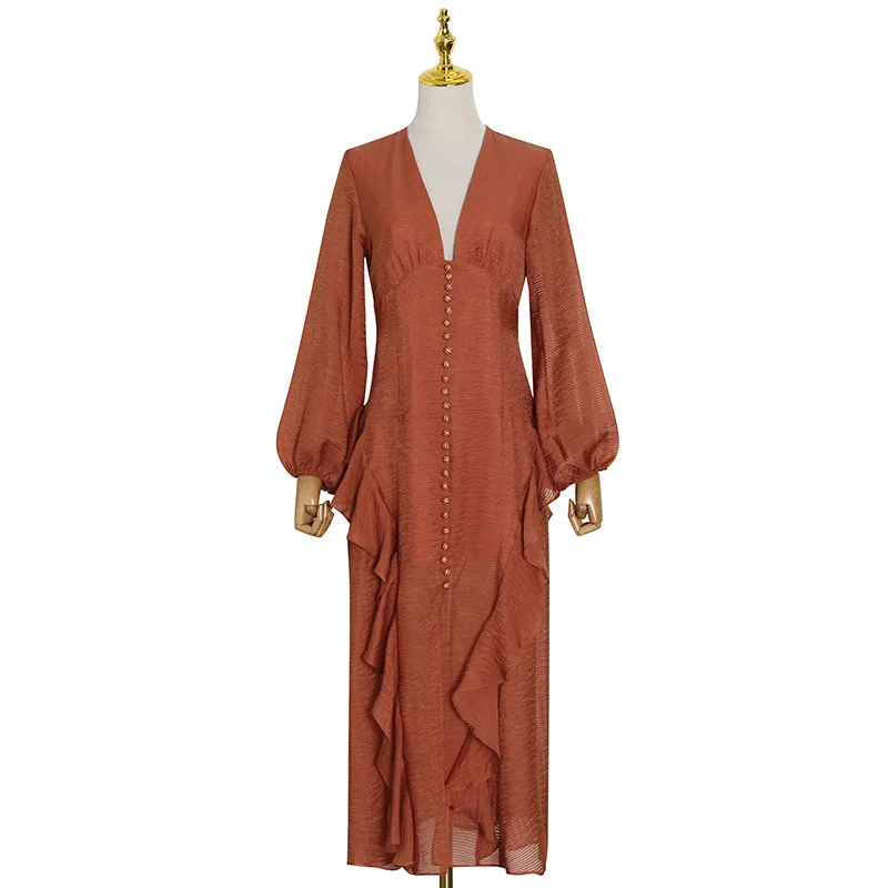 

2021 New Women's Ruffled Dress Stitching V-neck Slim Waist Asymmetric Long Sleeve Color Matching Long Dress