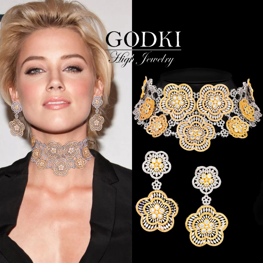 Offerte GODKI 2PCS Di Fiori Di Lusso Boom Dichiarazione Del Choker Insieme Dei Monili Per Le Donne Di Cerimonia Nuziale Africana Zircone Cubico CZ Dubai Gioielli Da Sposa