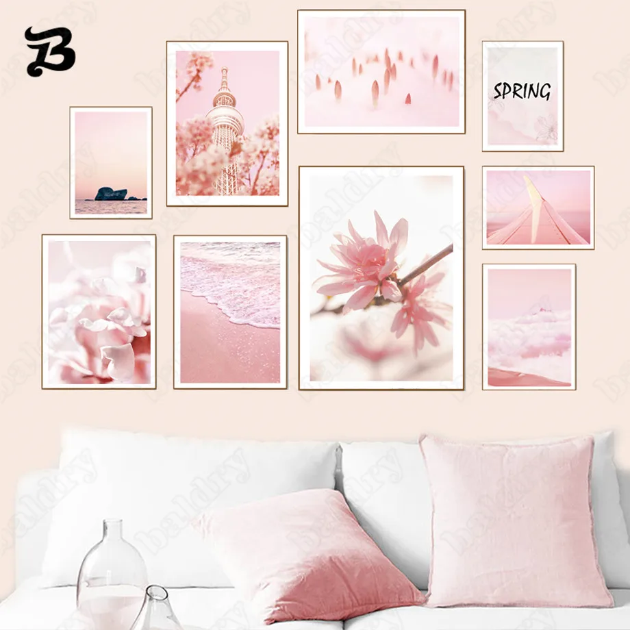 

Canvas Painting for Living Room Pink Beach Spring Landscape Tower Reef Nordic Scenery Posters Print Wall Art Pictures Home Decor