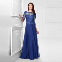 charming chiffon lace applique illusion boat neck mother of the bride dresses with 34 sleeve wedding party gonws backless 2021