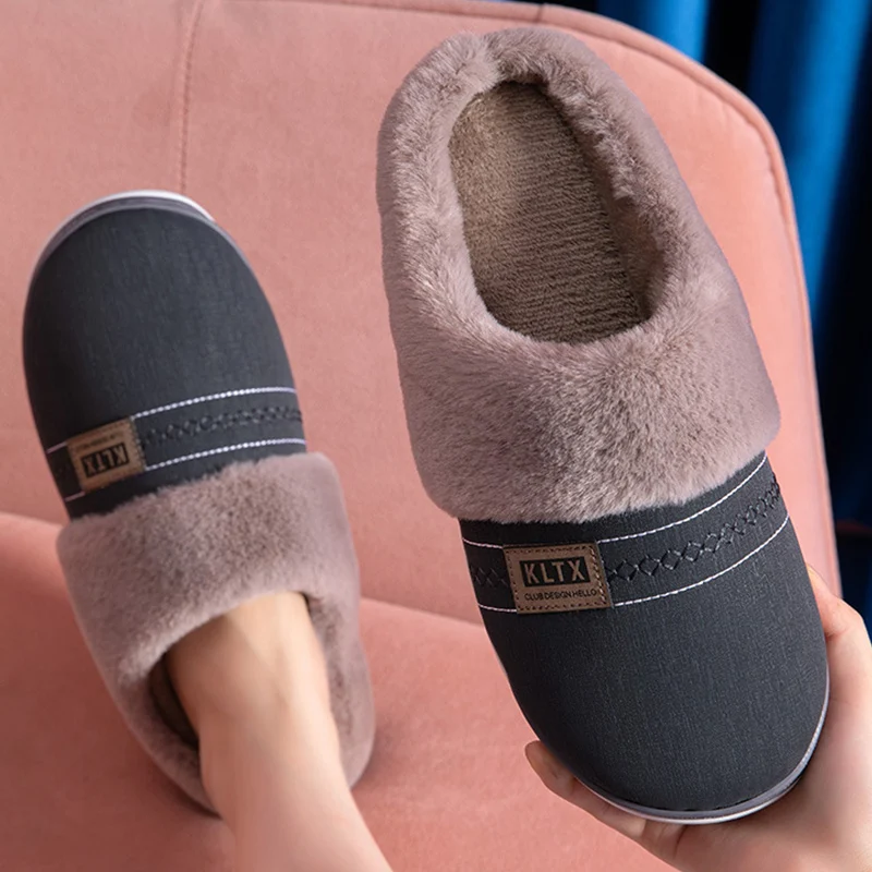 

Winter Mens Slippers Platform Leather Indoor Slipper Waterproof Outdoor Cotton Shoes Female Warm Home Slides Soft In-Sole Comfy